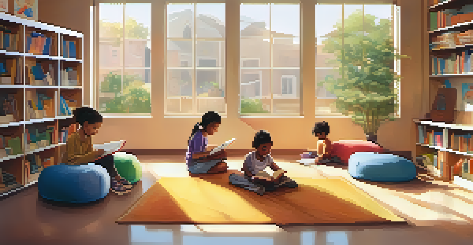 A cozy classroom reading corner with children sitting in bean bags, reading books, and drawing, bathed in sunlight.