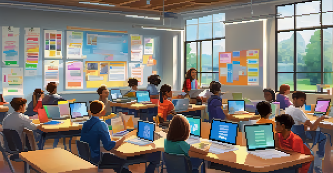 A vibrant classroom scene with diverse students using laptops and tablets, collaborating on a project under bright natural light.