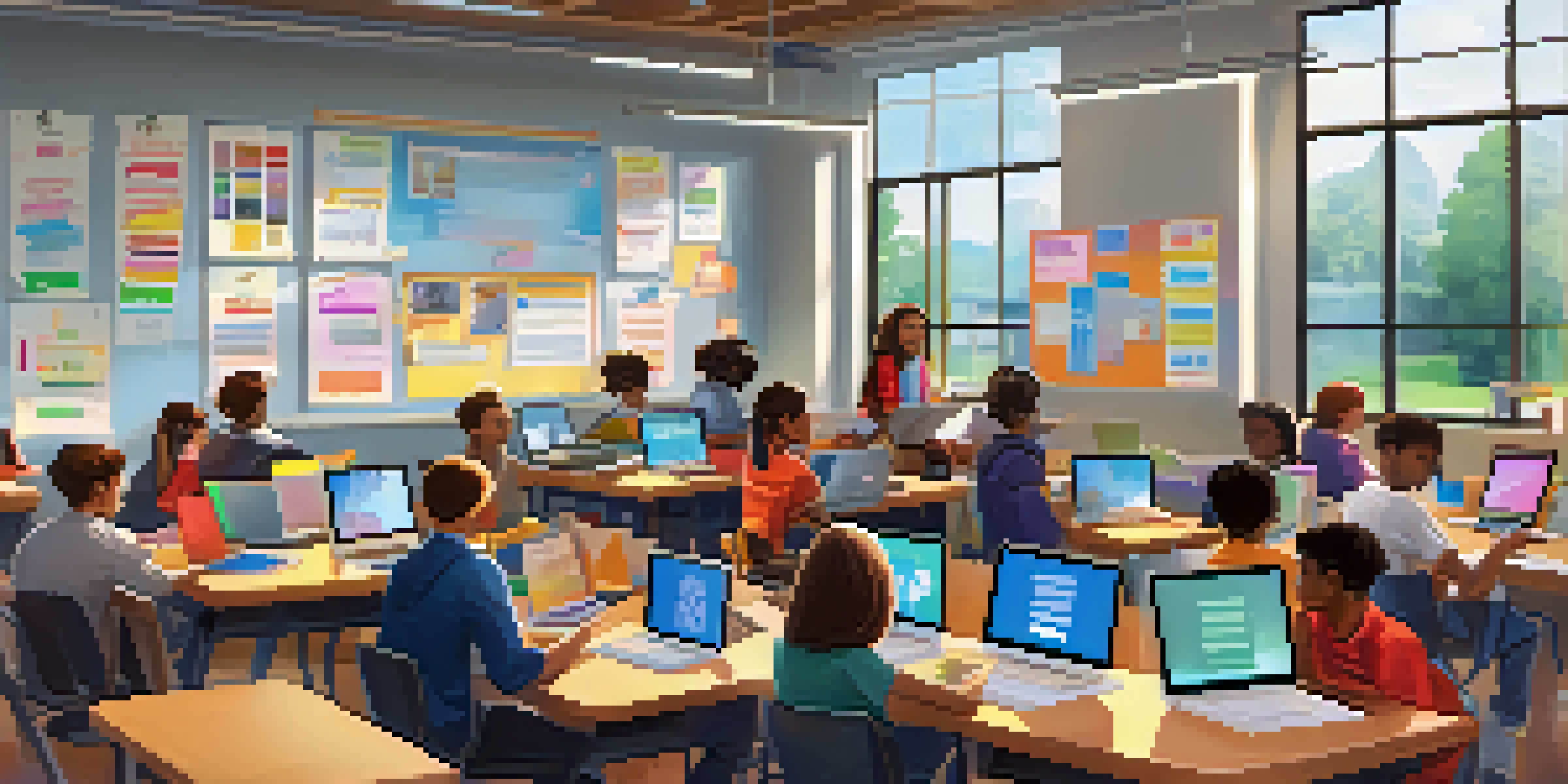 A vibrant classroom scene with diverse students using laptops and tablets, collaborating on a project under bright natural light.