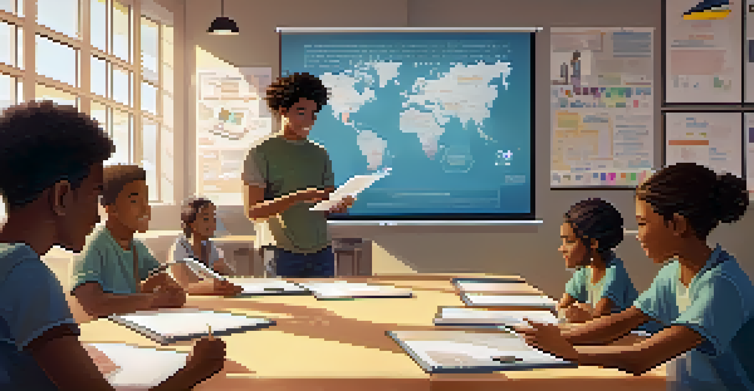 A student presenting a project using a digital tablet to peers in a modern classroom with motivational posters.