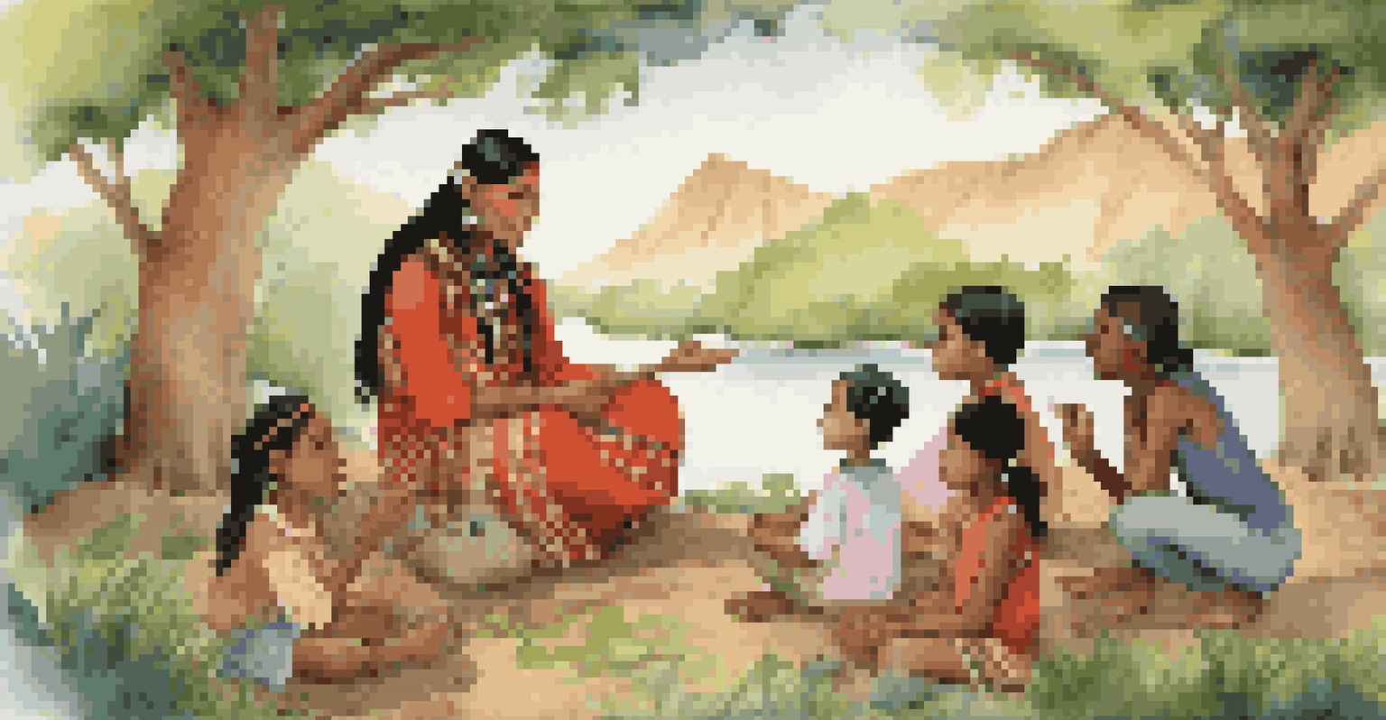 An Indigenous storyteller sharing an environmental tale with children, surrounded by nature elements like trees and rivers.