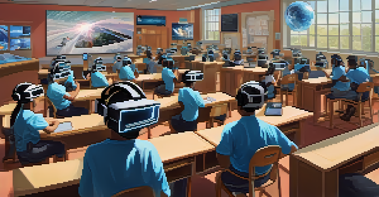 Students using virtual reality headsets in a modern classroom, immersed in a 3D learning experience.