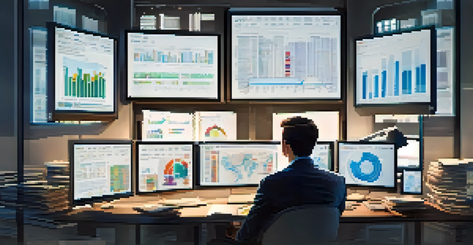 A person at a desk engaged in research with multiple screens showing data and charts, in a contemporary office space.
