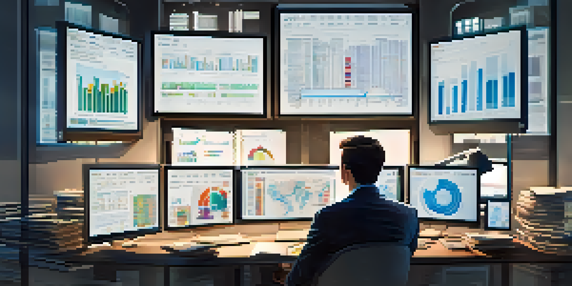 A person at a desk engaged in research with multiple screens showing data and charts, in a contemporary office space.
