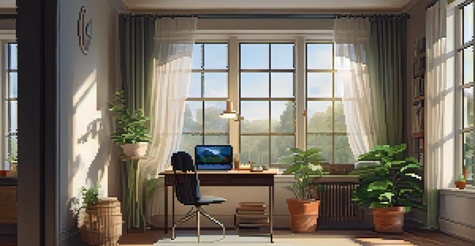 A peaceful study area with a wooden desk, laptop, notebooks, and a cup of tea, bathed in soft natural light from a window with potted plants.