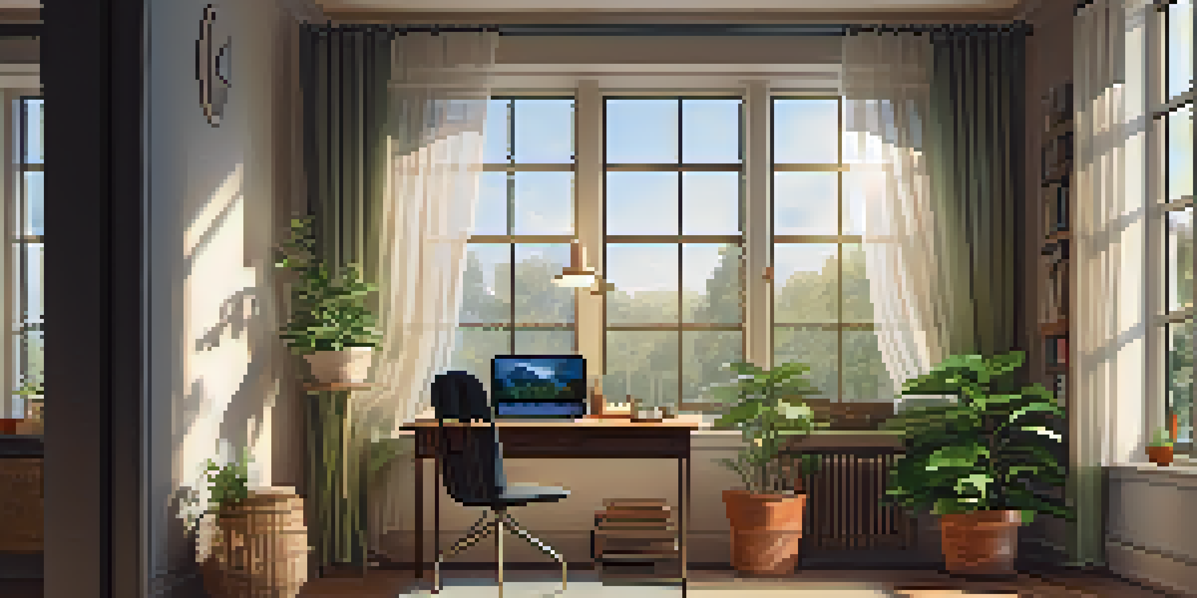 A peaceful study area with a wooden desk, laptop, notebooks, and a cup of tea, bathed in soft natural light from a window with potted plants.