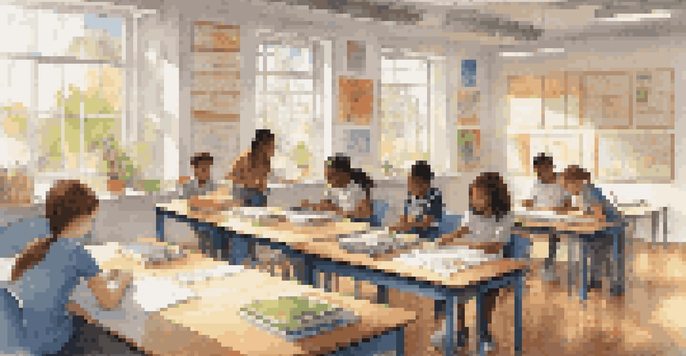 A diverse group of students in a bright classroom, engaged in various flexible learning activities including laptops, science experiments, and group discussions.