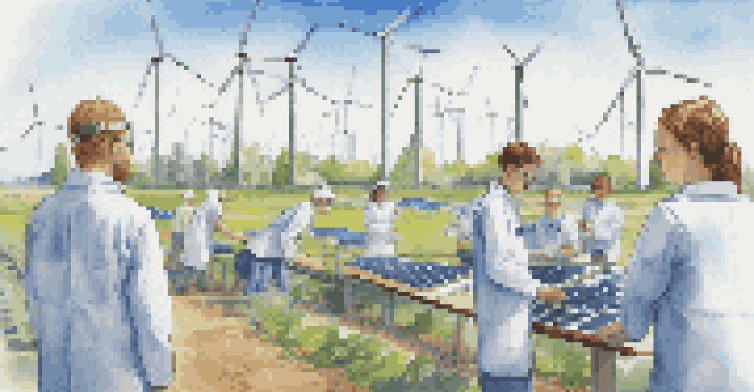 Students in lab coats collaborating with industry professionals on a renewable energy project outdoors with solar panels and wind turbines.