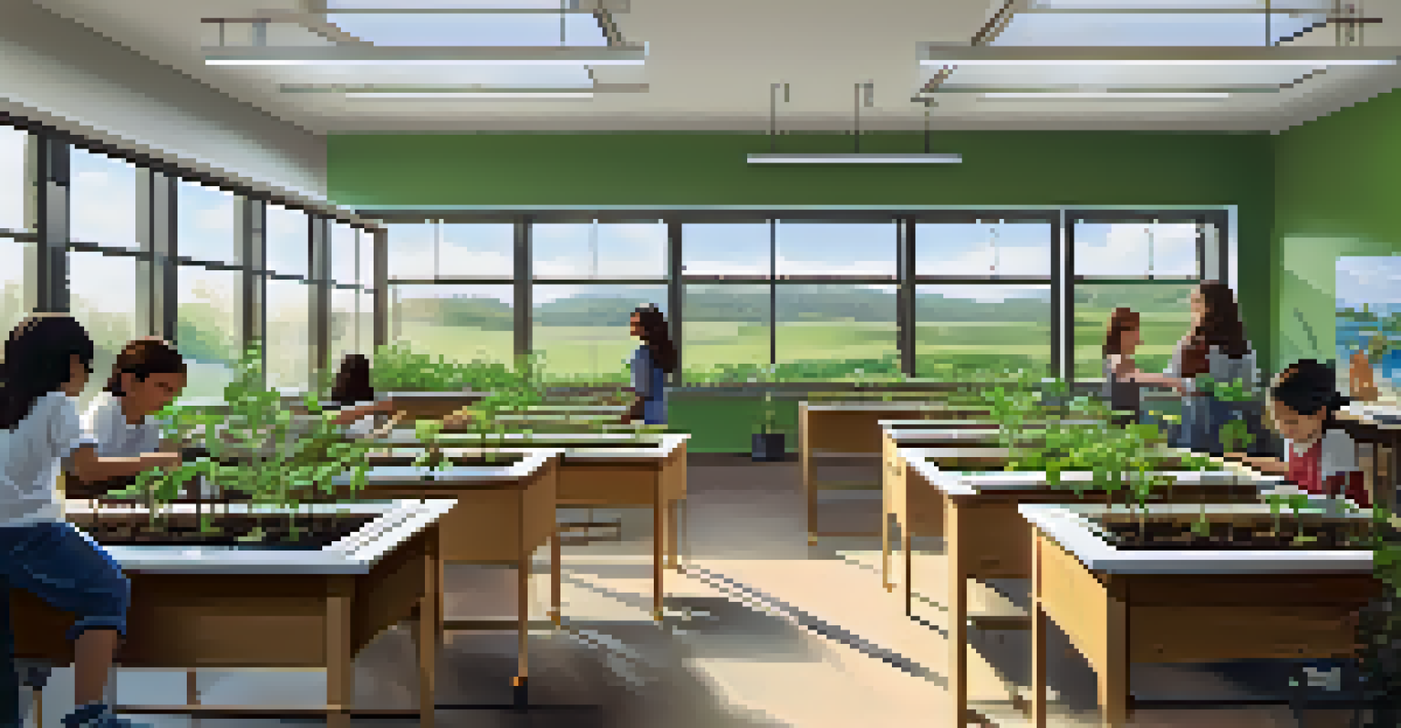 Students in a bright classroom engaged in planting seedlings, surrounded by educational charts and a view of nature outside.