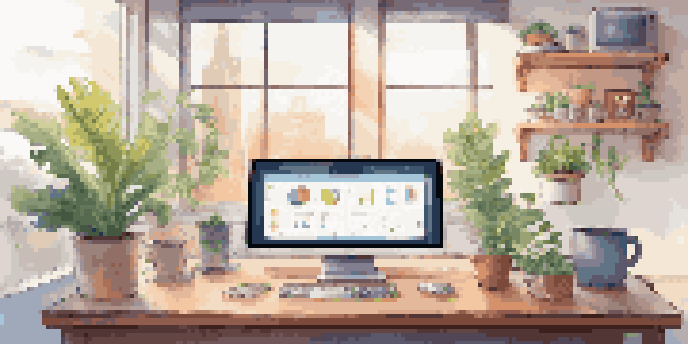 A modern computer workspace with a bright atmosphere, displaying a colorful achievements dashboard on the screen, with sunlight streaming in and illuminating a desk plant and coffee cup.