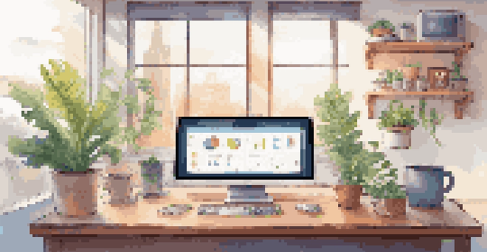 A modern computer workspace with a bright atmosphere, displaying a colorful achievements dashboard on the screen, with sunlight streaming in and illuminating a desk plant and coffee cup.