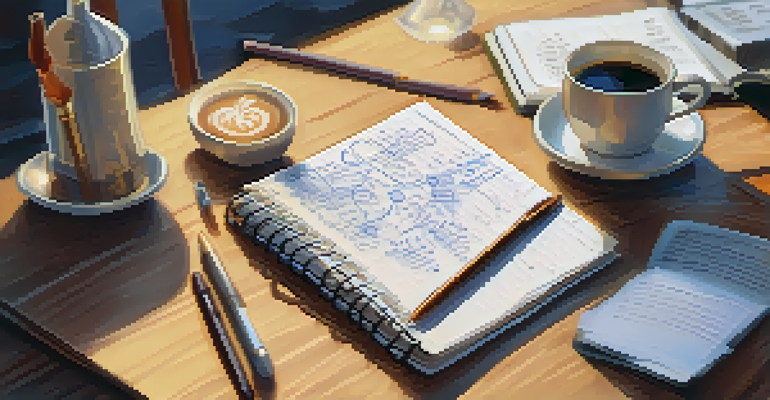 A close-up of a hand writing notes in a notebook with a coffee cup and laptop in the background, representing self-directed learning.