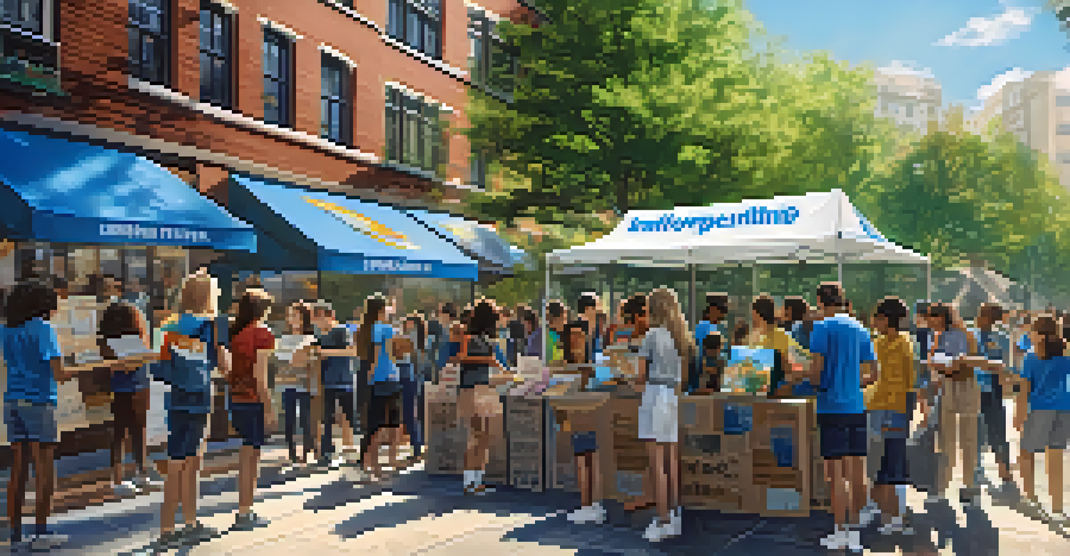 Students participating in a community service event, raising awareness about global conflicts with a booth and informational materials in a sunny outdoor setting.