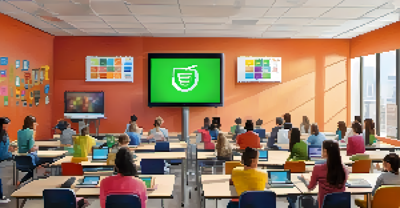 Students using tablets for an online quiz in a modern classroom, with a display screen showing results, creating an engaging learning atmosphere.