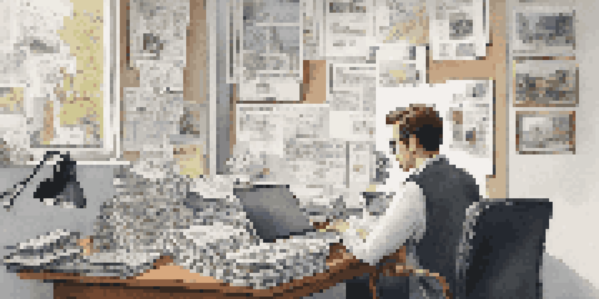 A journalist working at a desk with digital devices, focused on verifying news.