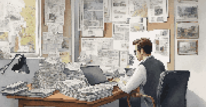 A journalist working at a desk with digital devices, focused on verifying news.