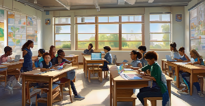 A classroom with students of various genders and ethnicities, some using laptops and others working in groups, with natural light illuminating the space.