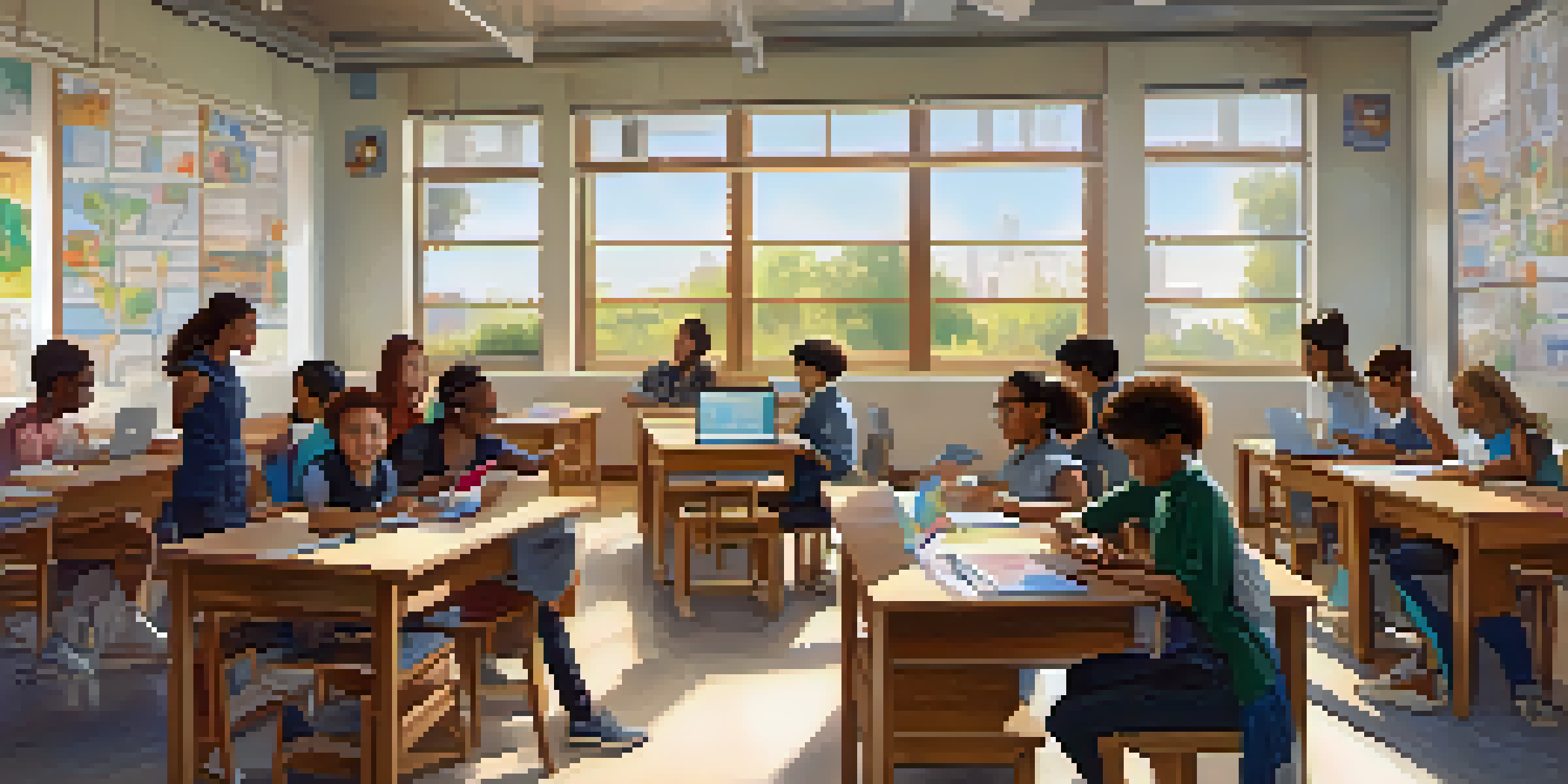 A classroom with students of various genders and ethnicities, some using laptops and others working in groups, with natural light illuminating the space.