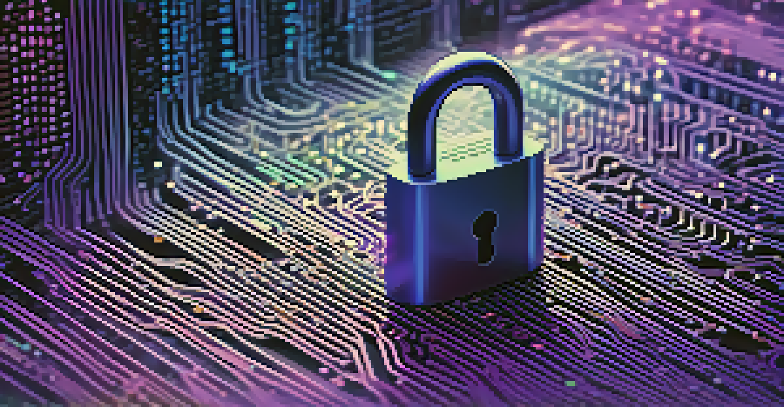 An abstract digital lock symbol over binary code representing data privacy, with a gradient of blue and purple colors.