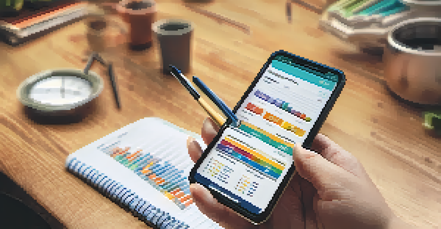 Close-up of hands using a smartphone with a budgeting app, surrounded by a notebook and a pen.