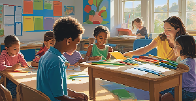 A bright classroom with children participating in a hands-on learning activity, guided by a teacher, with colorful educational materials and natural light.