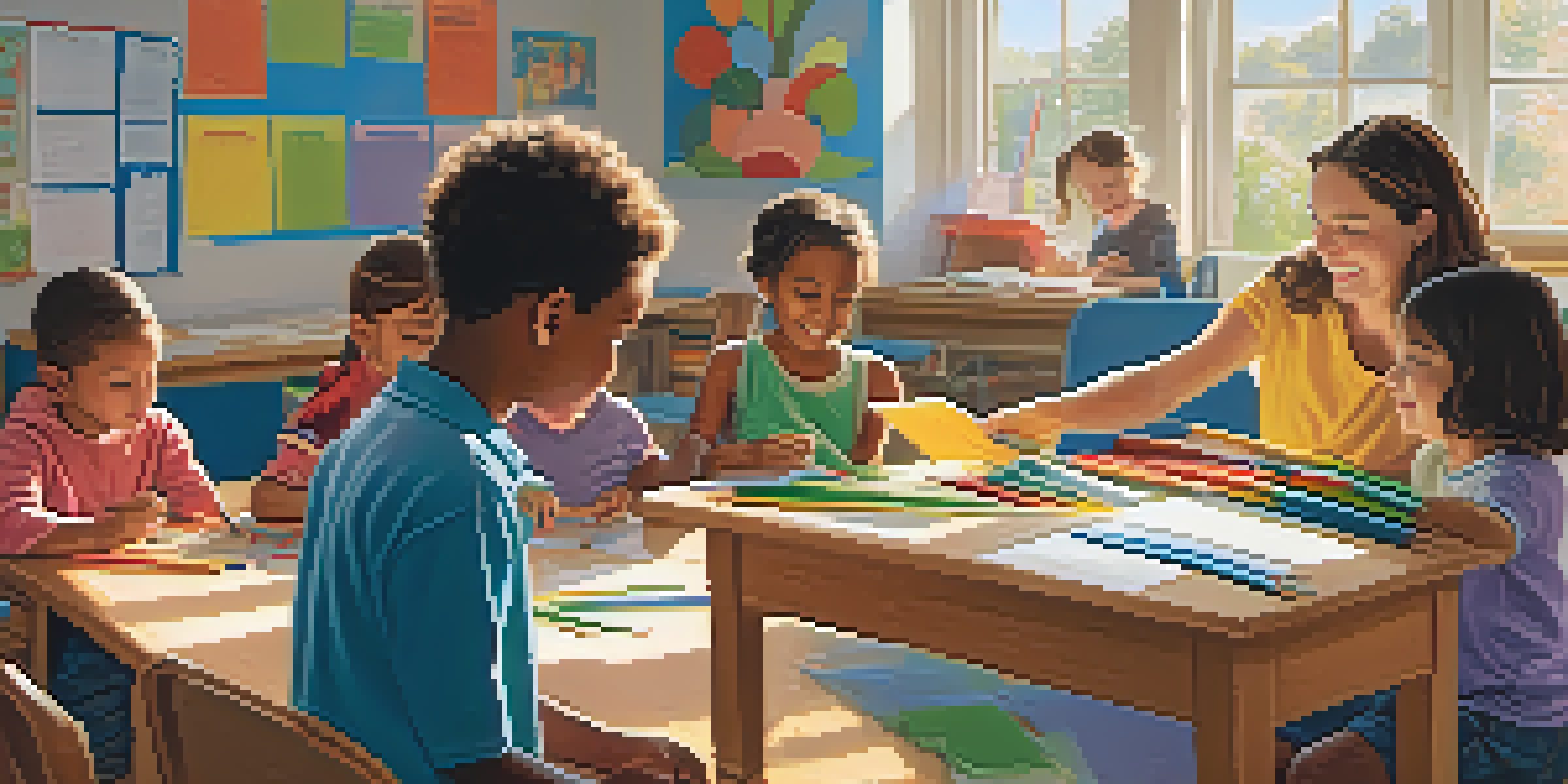 A bright classroom with children participating in a hands-on learning activity, guided by a teacher, with colorful educational materials and natural light.