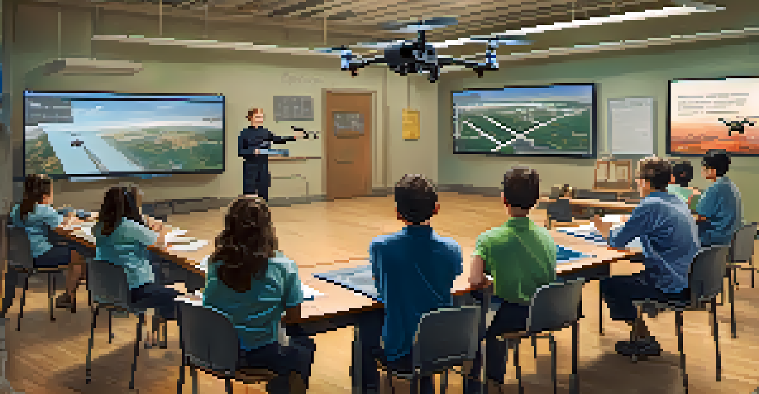 A teacher demonstrating drone operation in a classroom with students watching attentively.