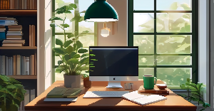 A cozy study area with a wooden desk, an open laptop, books, a notepad, and a cup of coffee, bathed in soft natural light.
