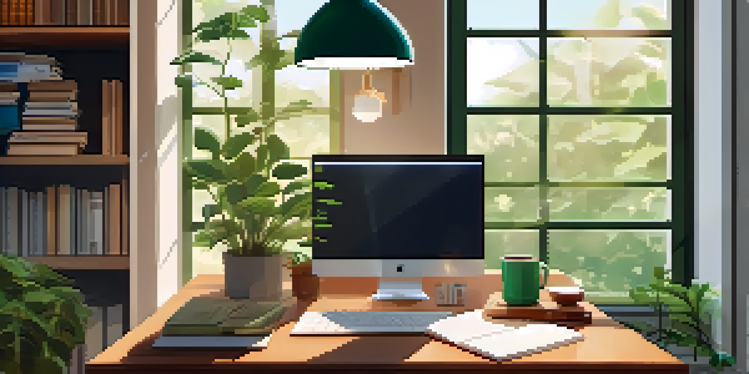 A cozy study area with a wooden desk, an open laptop, books, a notepad, and a cup of coffee, bathed in soft natural light.