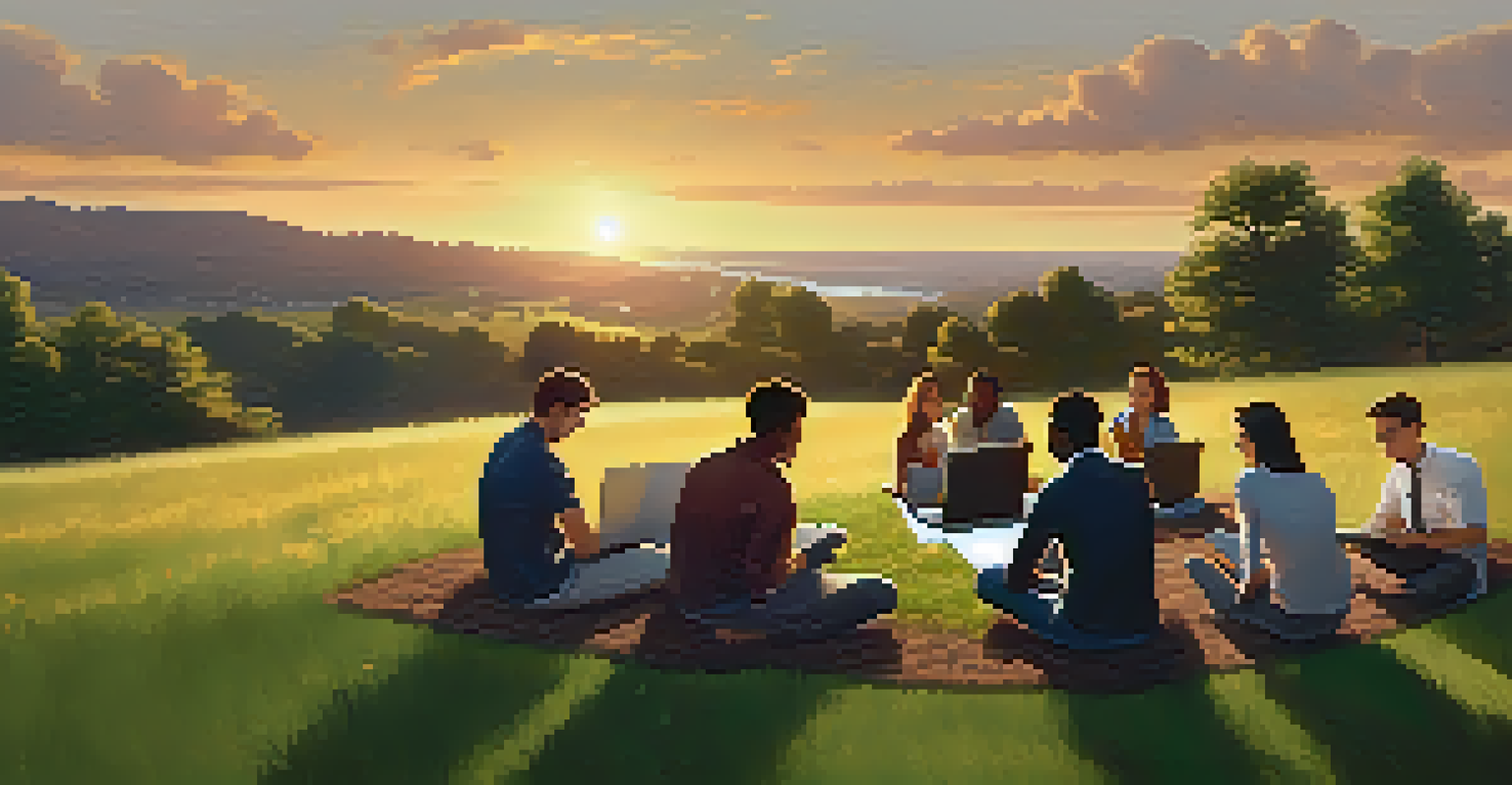 Young professionals brainstorming together on a grassy hill during sunset, laptops and notebooks in hand.