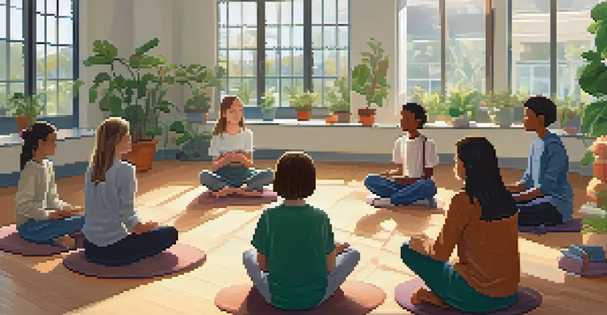 A peaceful classroom scene with a teacher leading mindfulness exercises among students, surrounded by plants and soft lighting.