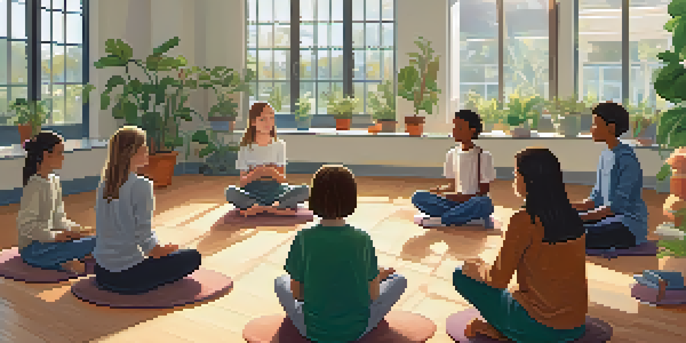 A peaceful classroom scene with a teacher leading mindfulness exercises among students, surrounded by plants and soft lighting.