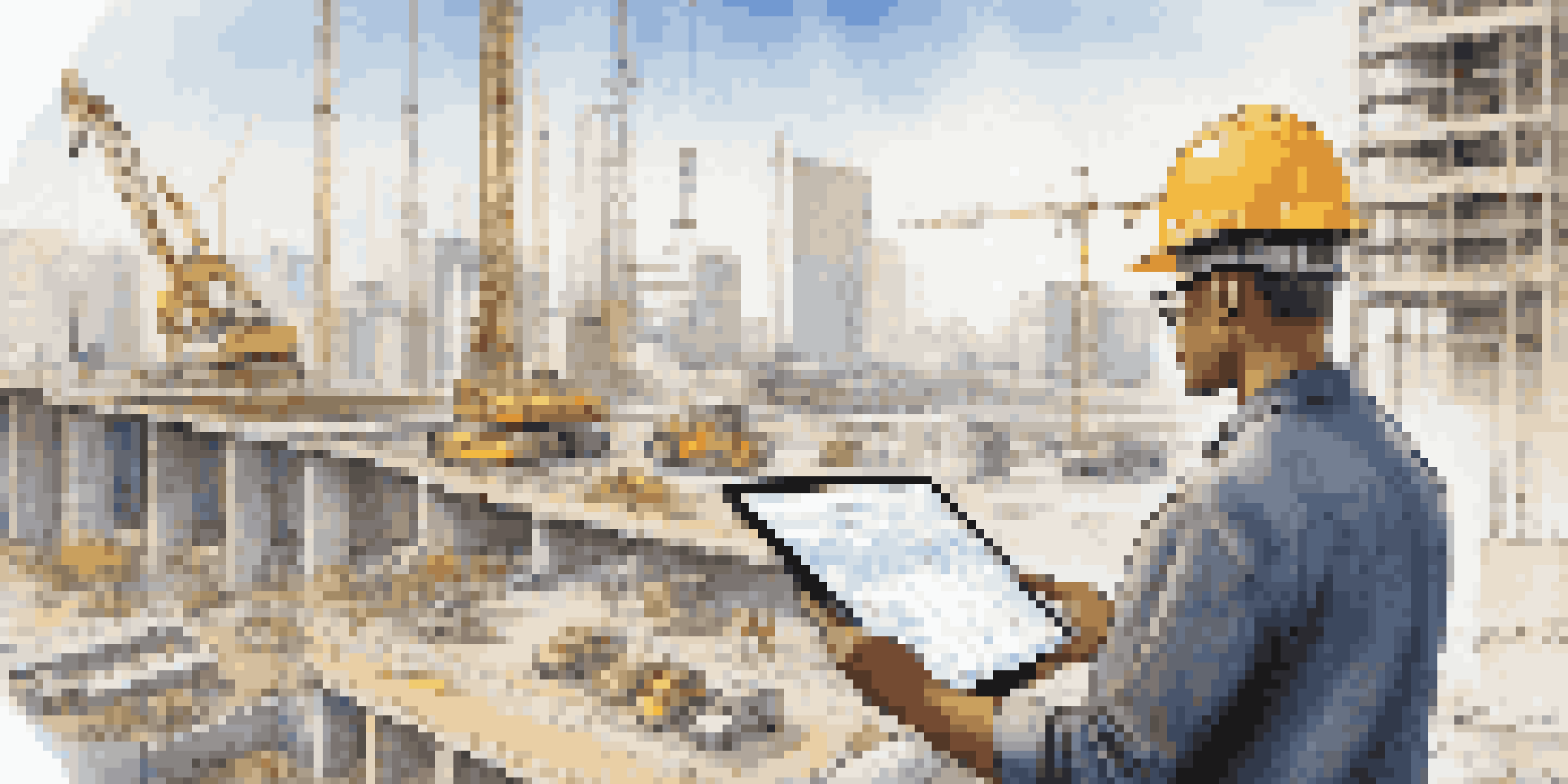 A civil engineer uses a digital tablet to analyze traffic flow data at a construction site, with blueprints around and a city backdrop.
