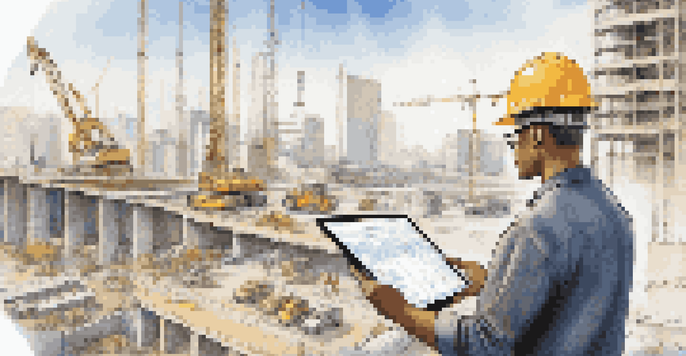 A civil engineer uses a digital tablet to analyze traffic flow data at a construction site, with blueprints around and a city backdrop.