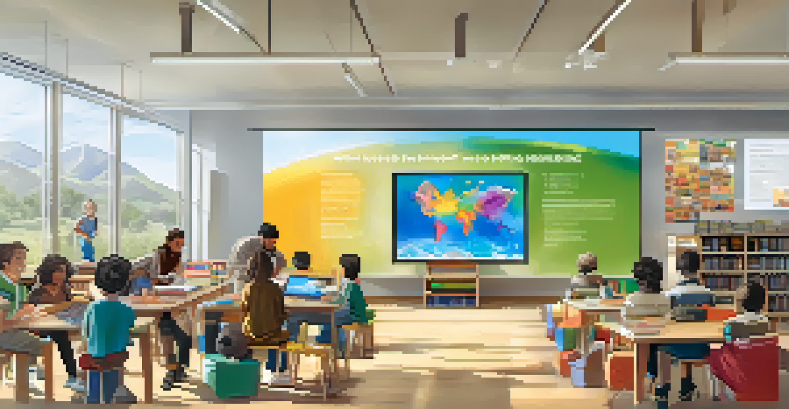 A display of diverse learning materials in a lively classroom with students engaged in discussions.