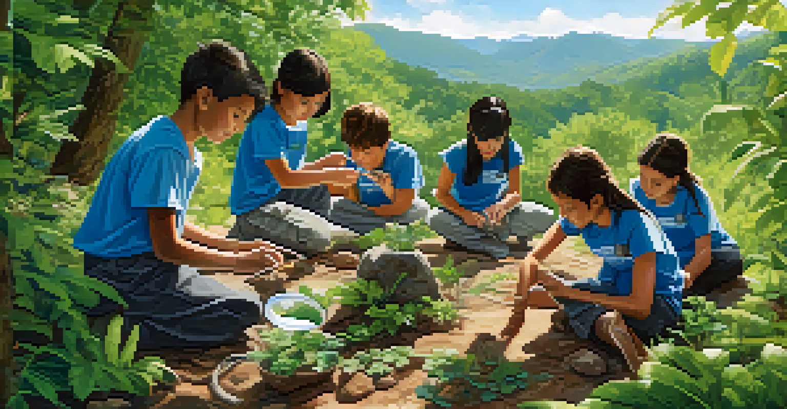 Students outdoors collecting natural samples for a science project, surrounded by greenery and a clear sky.