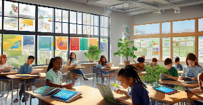 A vibrant classroom with students of varying backgrounds actively participating in personalized learning using technology.