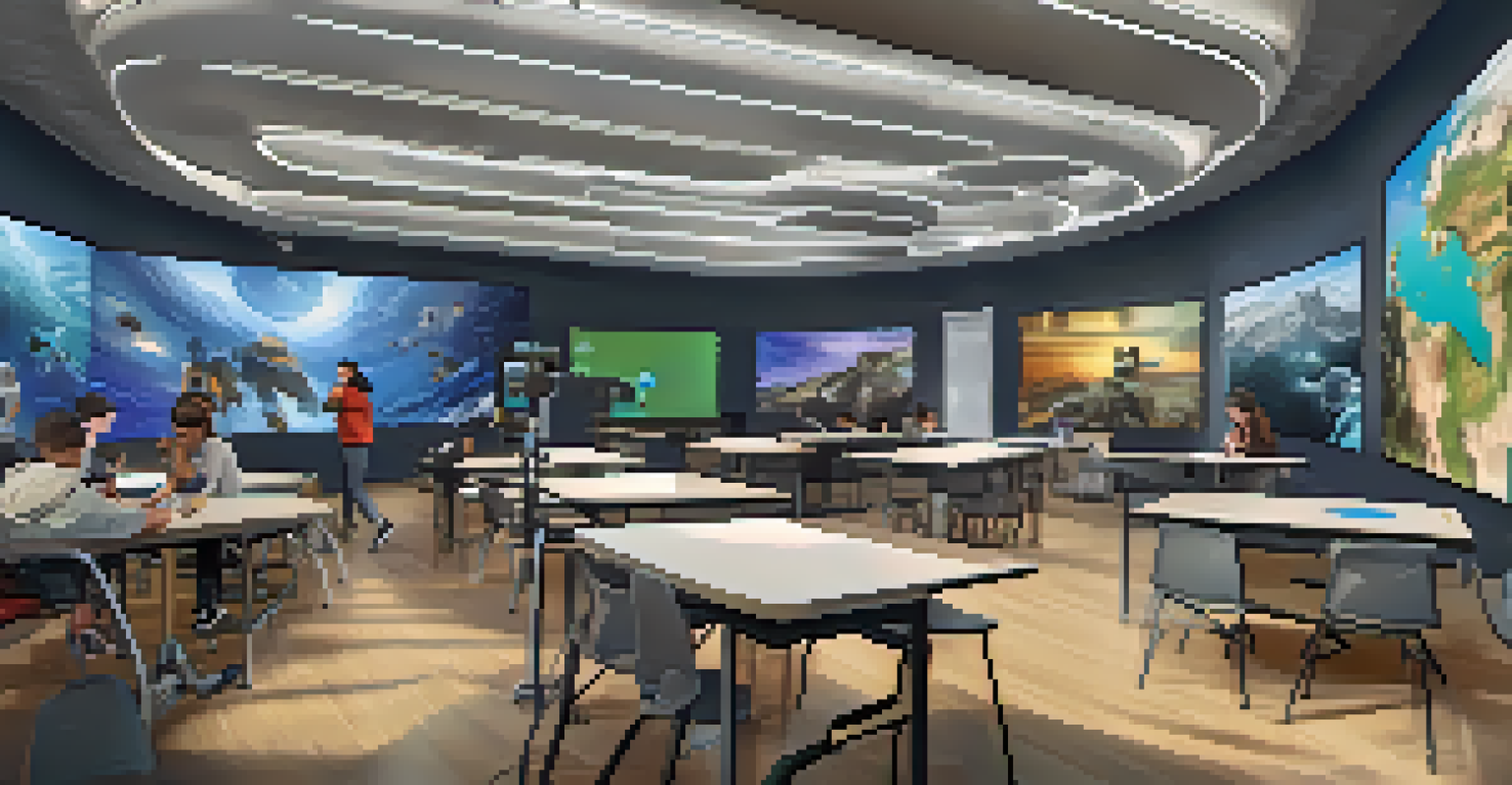 Students in a futuristic classroom using virtual reality headsets, surrounded by digital displays of art, science, and history.