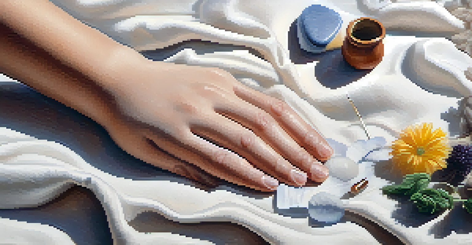 A close-up of a hand reaching towards five different grounding objects, including a smooth stone and a small flower, with a blurred background.