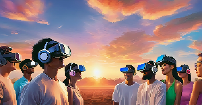 A group of diverse individuals wearing VR headsets, surrounded by a vibrant sunset, expressing joy and connection while engaging in a virtual reality experience.