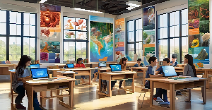 A classroom filled with students using augmented reality, interacting with 3D holograms of human anatomy on their desks, with sunlight streaming in through windows.