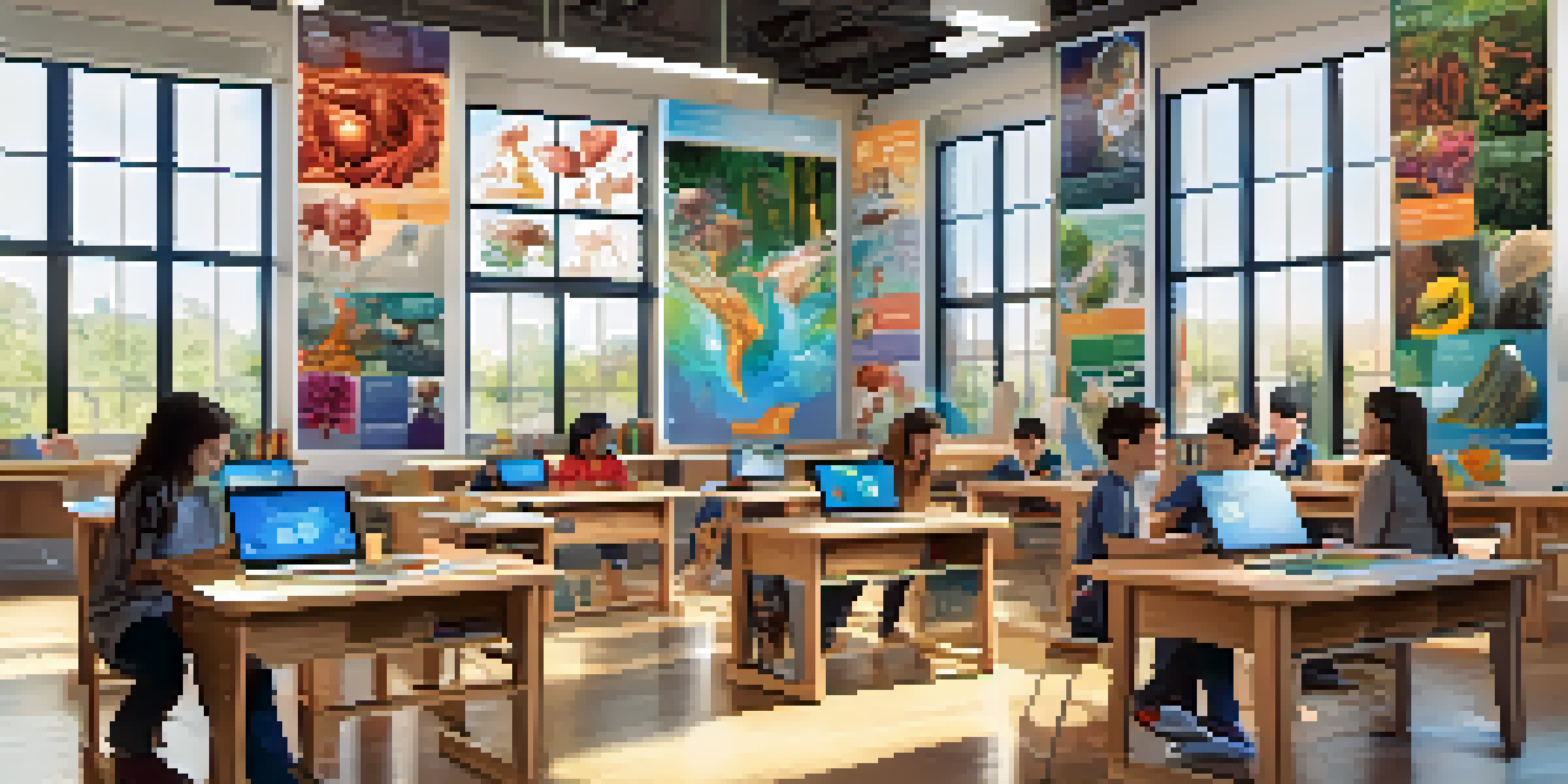 A classroom filled with students using augmented reality, interacting with 3D holograms of human anatomy on their desks, with sunlight streaming in through windows.