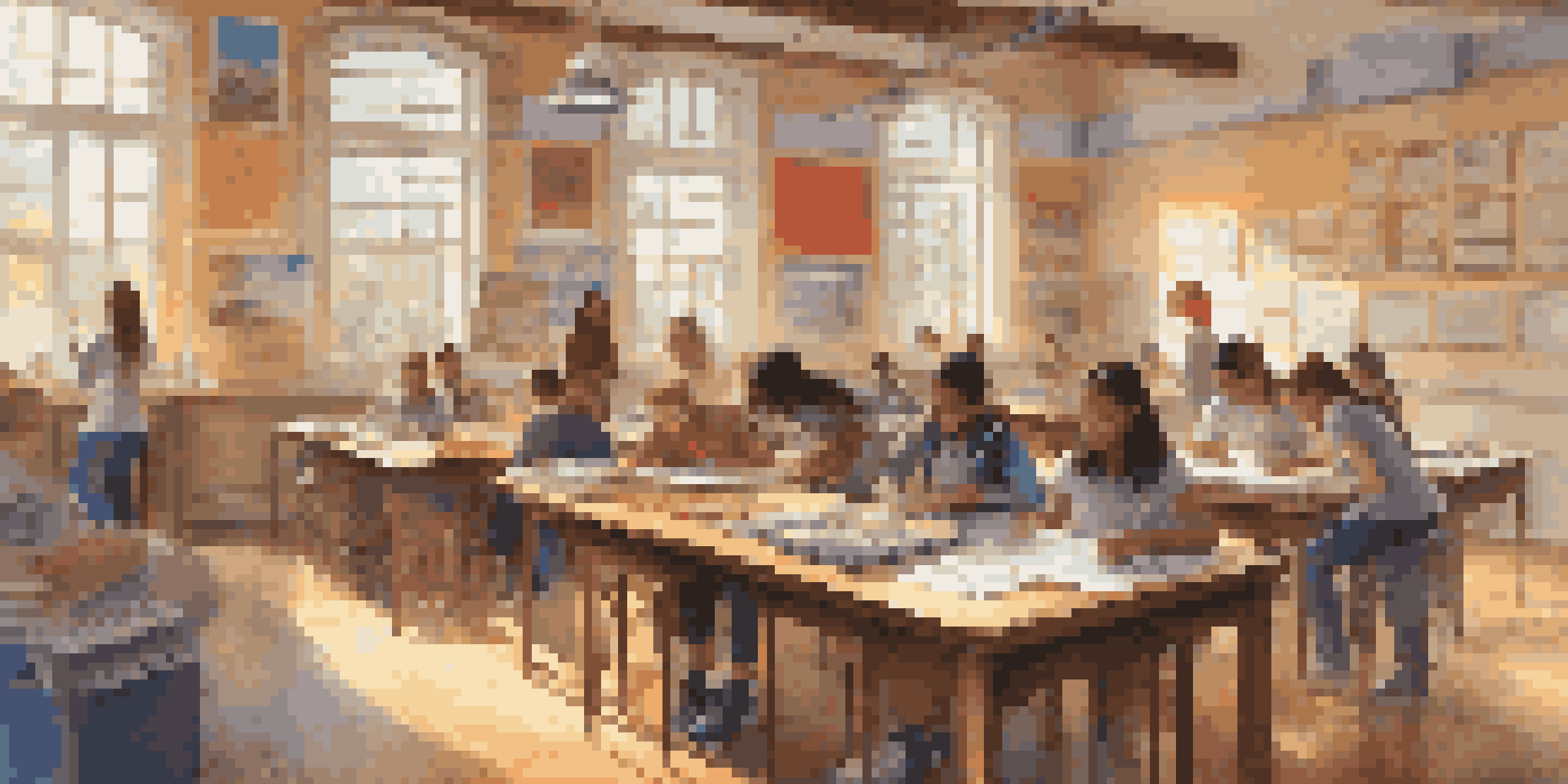 A lively classroom with students collaborating and using augmented reality devices to explore 3D models of historical artifacts, surrounded by colorful decorations and natural light.