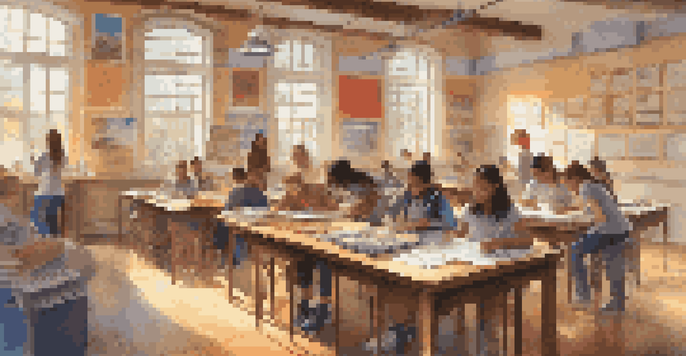 A lively classroom with students collaborating and using augmented reality devices to explore 3D models of historical artifacts, surrounded by colorful decorations and natural light.