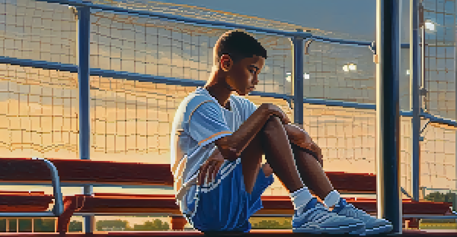 A young athlete sitting alone on the bleachers, looking thoughtfully at the field during sunset, embodying resilience and personal growth.