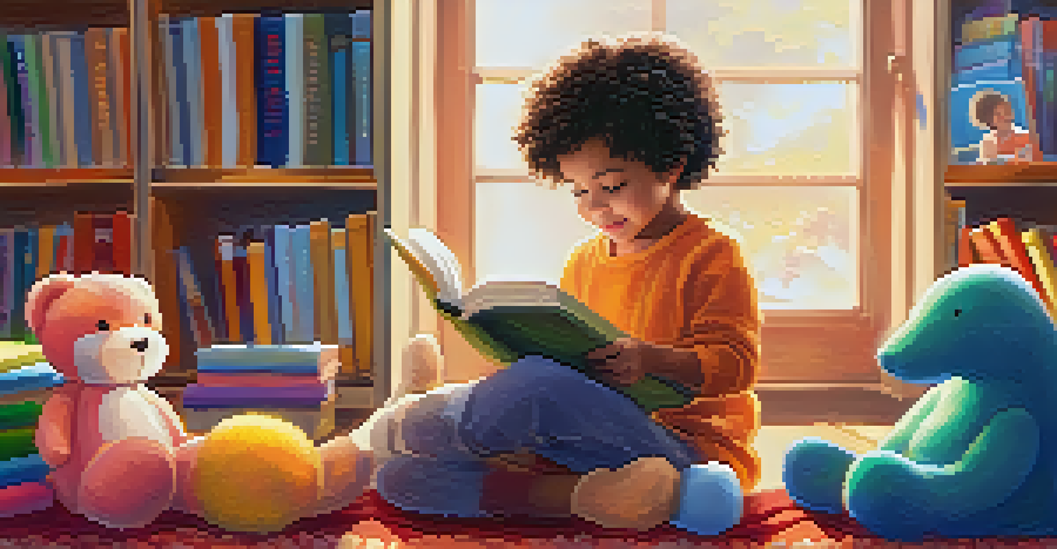 A child sitting in a cozy reading nook, surrounded by plush toys and colorful cushions, deeply engaged with a book in a warm and inviting library setting.