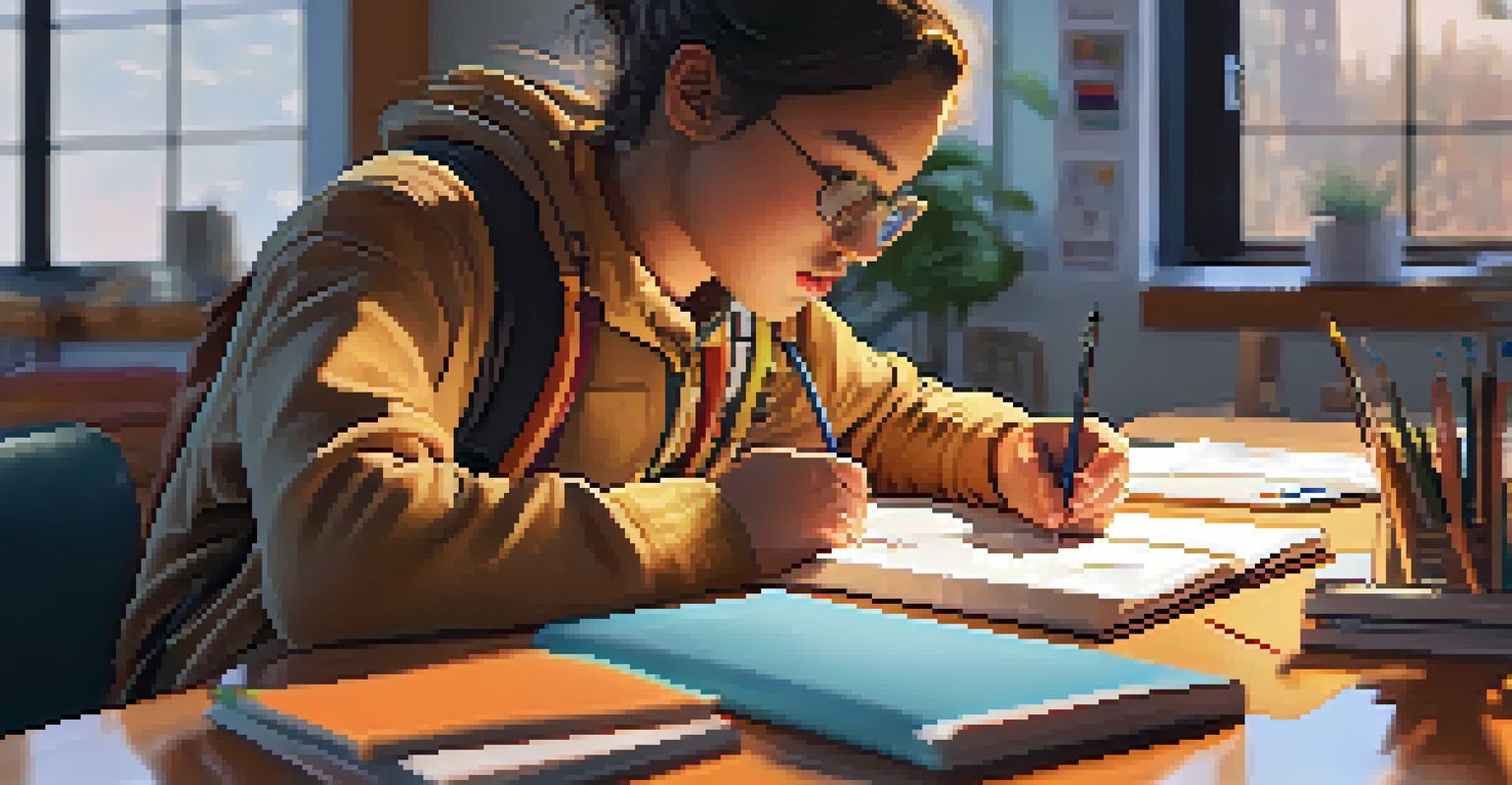 A student sitting at a desk, writing in a journal and reflecting on their learning, with a computer screen in view.