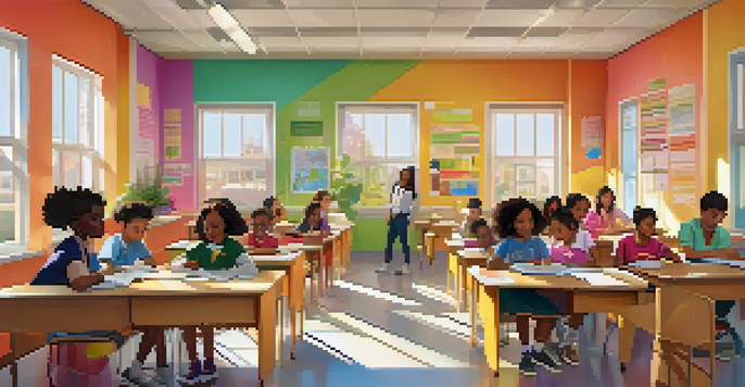 A diverse group of students collaborating in a colorful classroom, emphasizing gender equality in education.