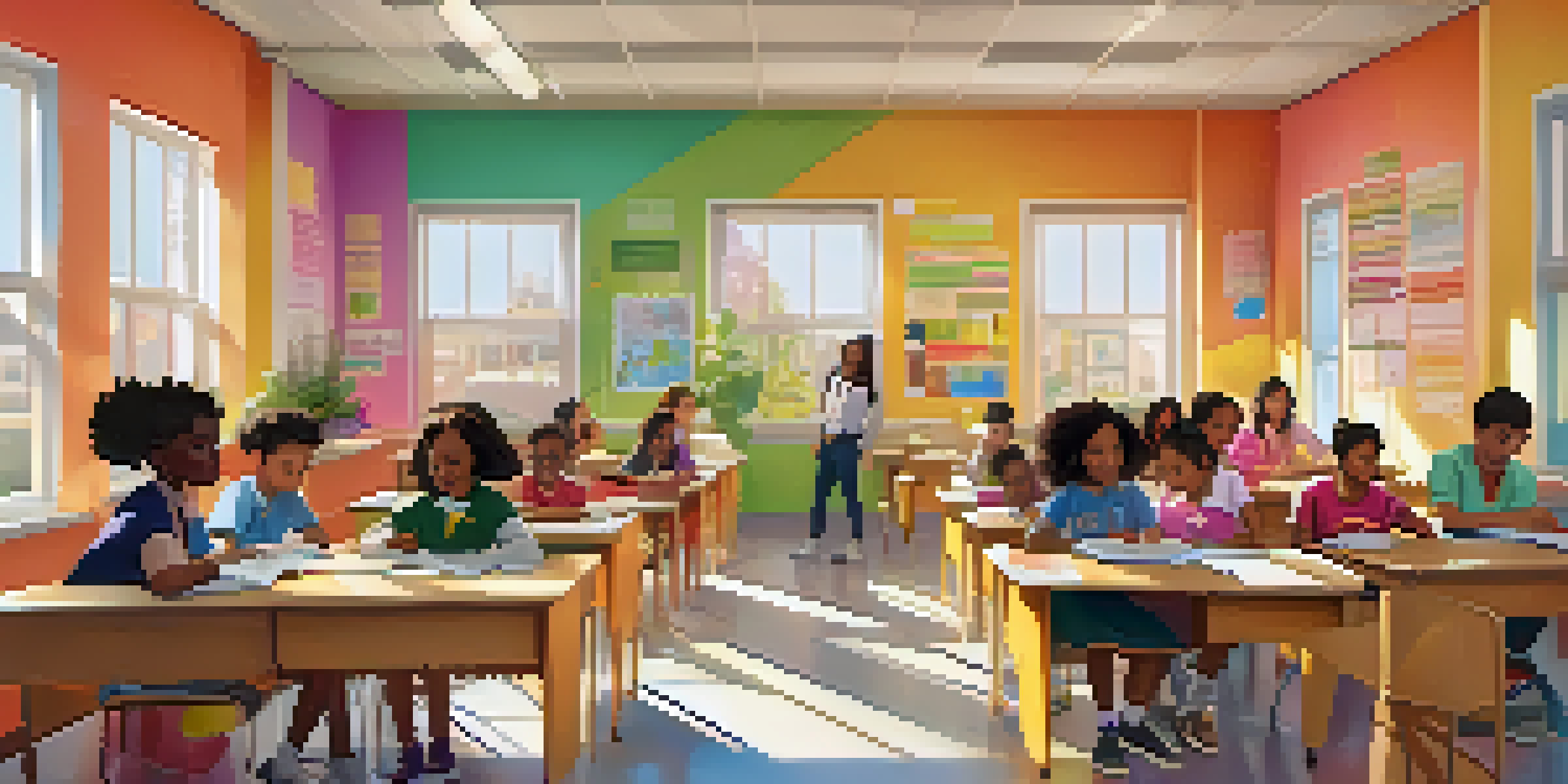 A diverse group of students collaborating in a colorful classroom, emphasizing gender equality in education.