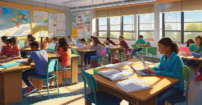 A lively classroom where students are collaborating on laptops, surrounded by educational posters and bathed in warm sunlight.